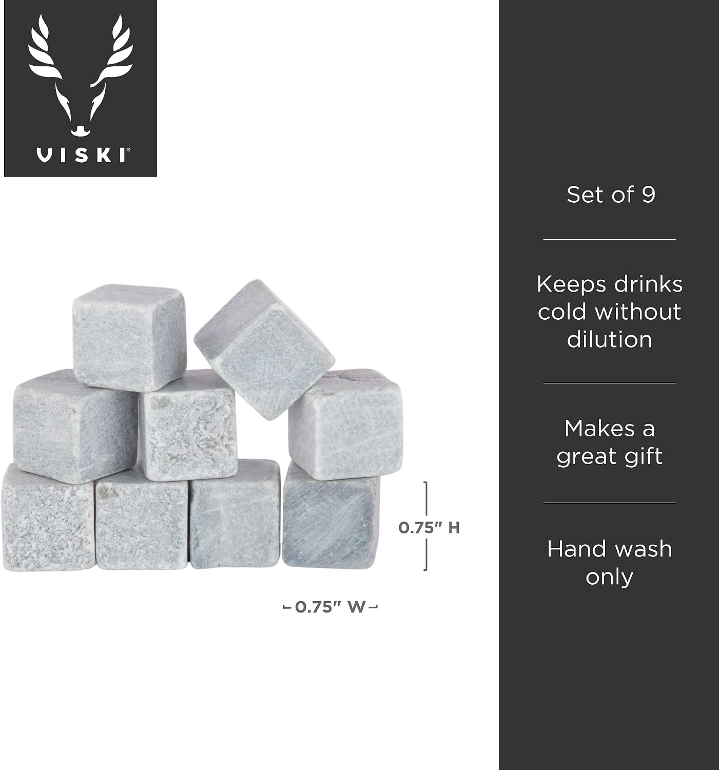 Viski Glacier Rocks Soapstone Cubes, Reusable Whiskey Stones, Ice Cube for Bourbon, Scotch, Gin, Cognac, Home Bar, Drink Accessories, 9-Piece Set