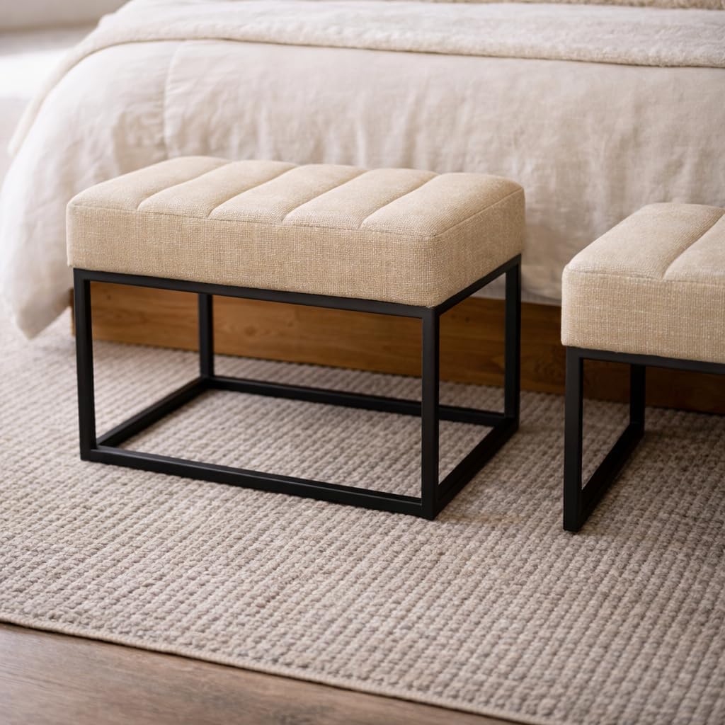 HomePop Theodore Channel Tufted Small Ottoman -Light Tan Textured Solid