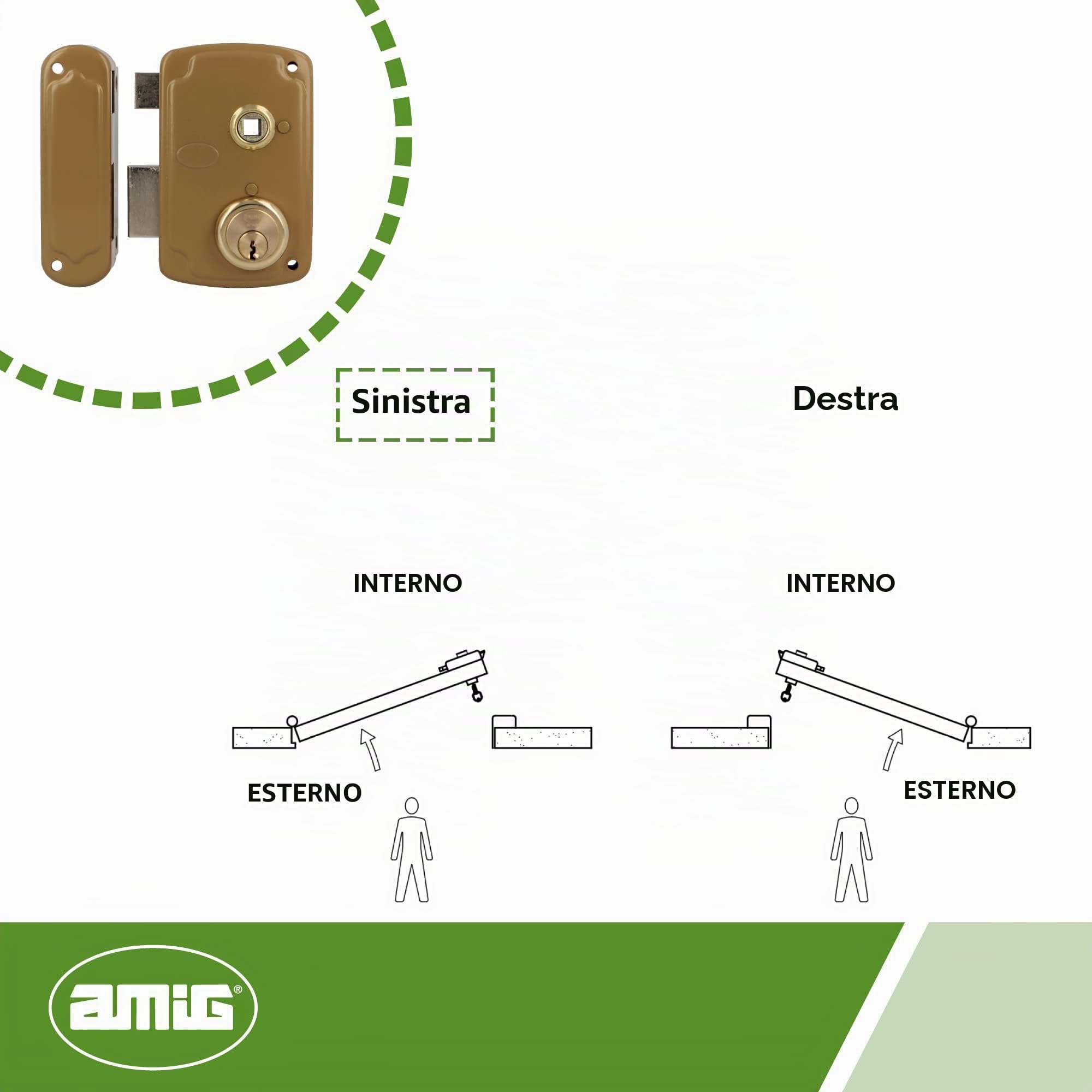 Amig - Serratura da sovrapposizione a sinistra con leva di chiusura e linguetta per porte in legno Mod. 75UN 76 x 120 mm Cilindro rotondo di sicurezza acciaio dorato