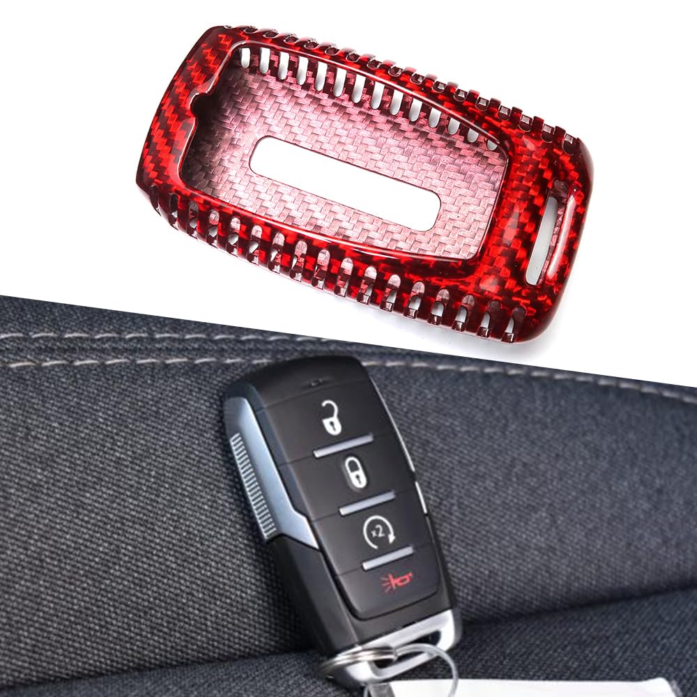 Glass Carbon Fiber Key FOB Cover for Dodge RAM TRX 1500 2500 3500 Limited Rebel Bighorn Laramie Tradesman Key Case Key Shell(red with Vent)