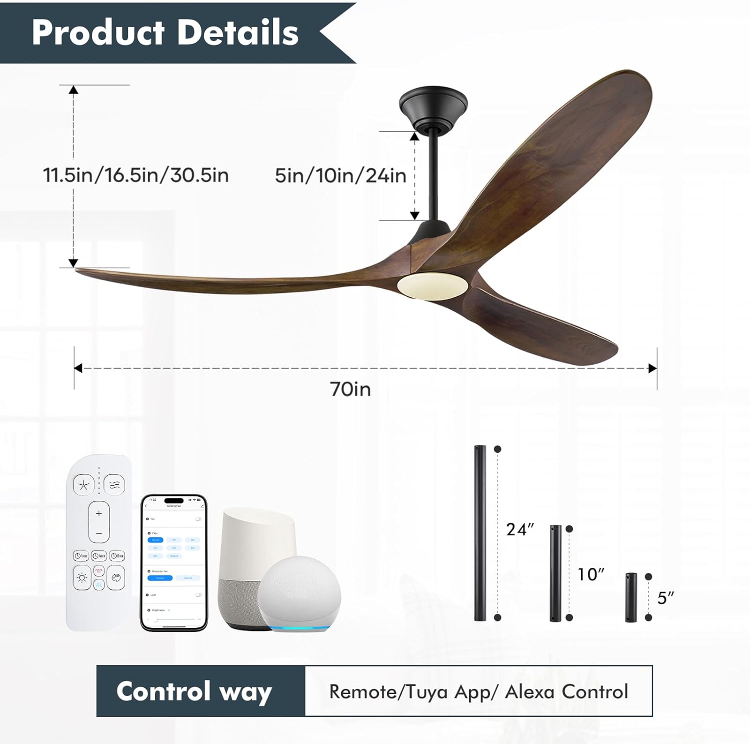 70 Inch Large Ceiling Fans with Lights Modern Smart Ceiling Fan with Tuya App/ Alexa/ Voice Control, Walnut Wood Ceiling Fan with 3 Propeller Blades, 3CCT Dimmable for Living Room Farmhouse Patio