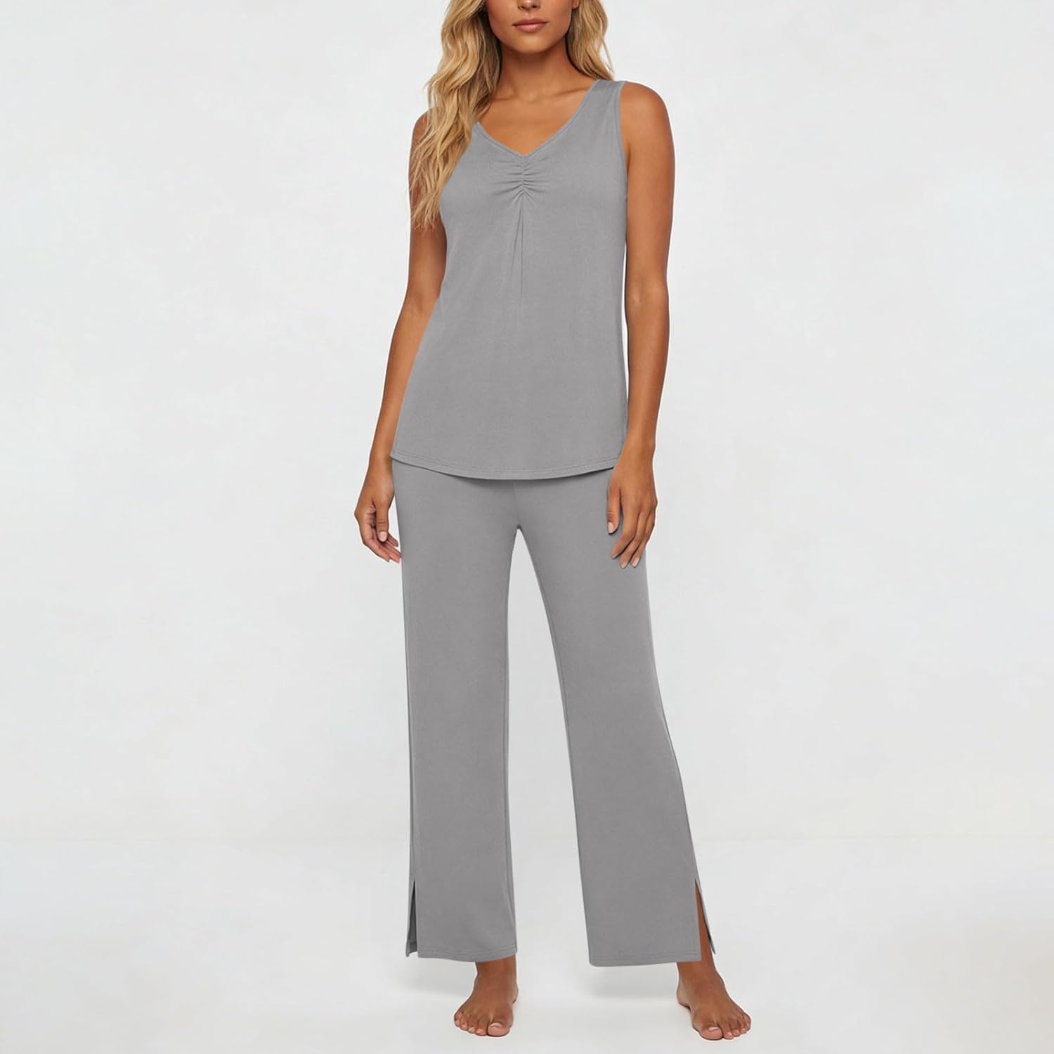 Xiaojmake Women Sleeveless Pajamas Sets 2 Piece Lounge Set Summer Airport Travel Outfit 2026 Soft Pjs Loungewear with Pockets
