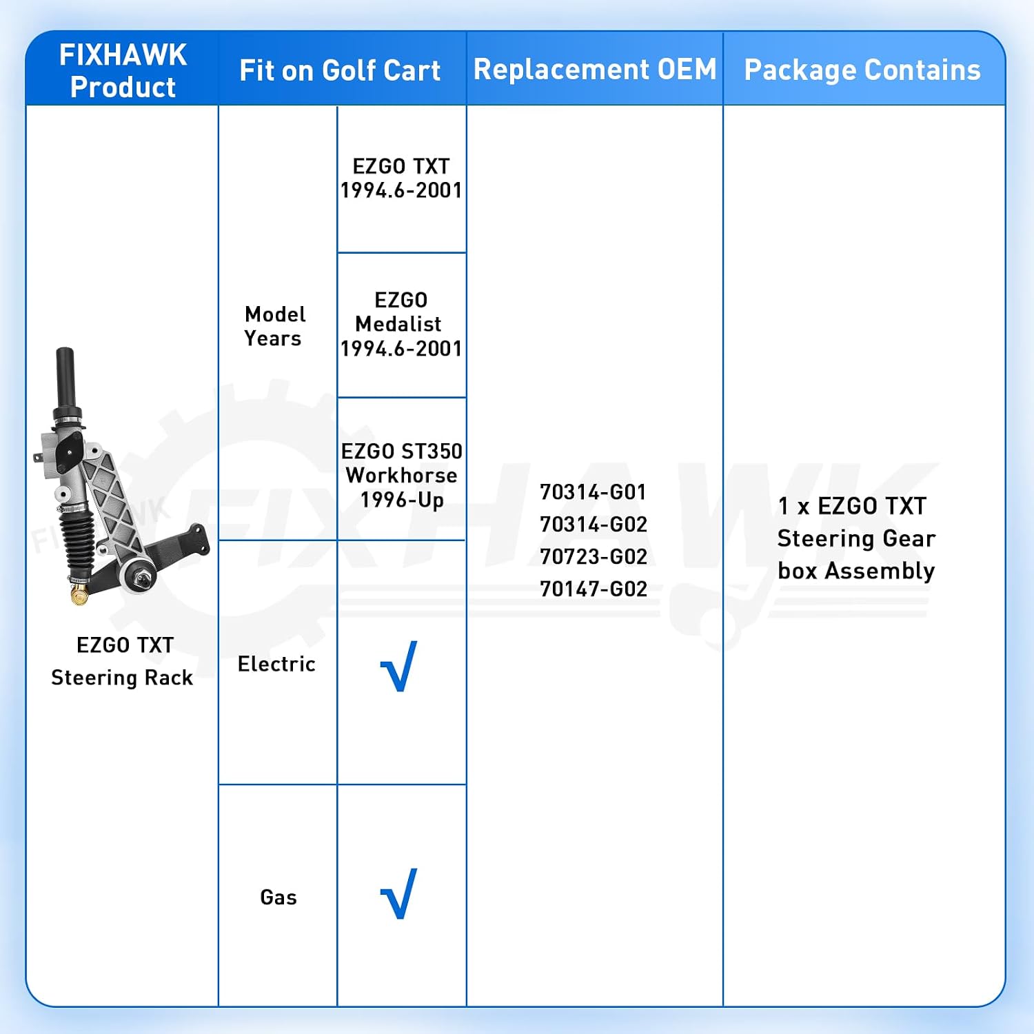 EZGO Steering Rack, Golf Cart Steering Gear Box Assembly Fit for 1994.6-2001 EZGO TXT and Medalist Golf Cart, Replace OEM# 70314-G01, 70314-G02, 70723-G02, 70147-G02