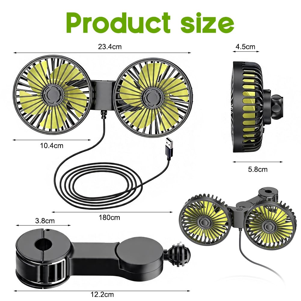 Ventilatore per auto, sedile posteriore, ventilatore a 360°, mini ventilatore a 3 marce, potente ventilatore silenzioso, per casa, ufficio, auto, sedile posteriore