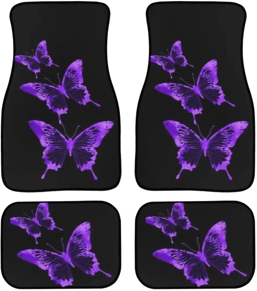BIGCARJOB Full Set of 4 Pieces Car Floor Mats with Purple Butterflies,Heavy Duty Car Mats Butterfly Car Accessories with Rubber Backing,Universal Fit for Sedan, SUVs, Truck, Vans