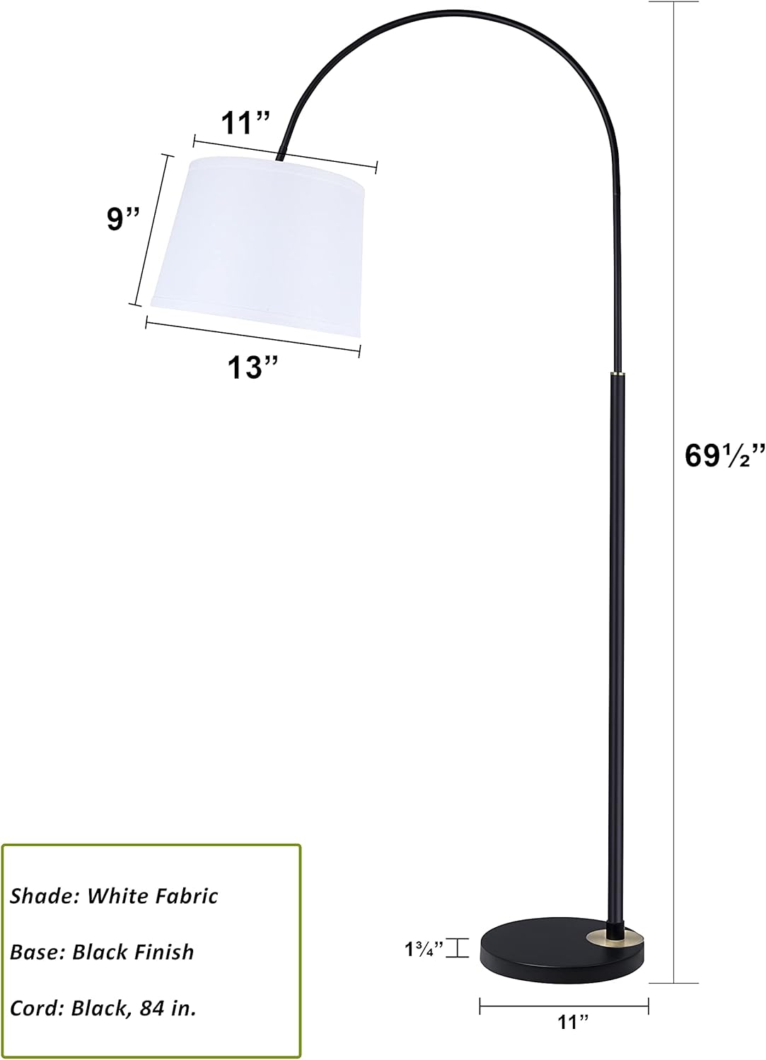 Aspen Creative 45702-11, One-Light Arc Floor Lamp, Transitional Design in Black, 69 1/2" High