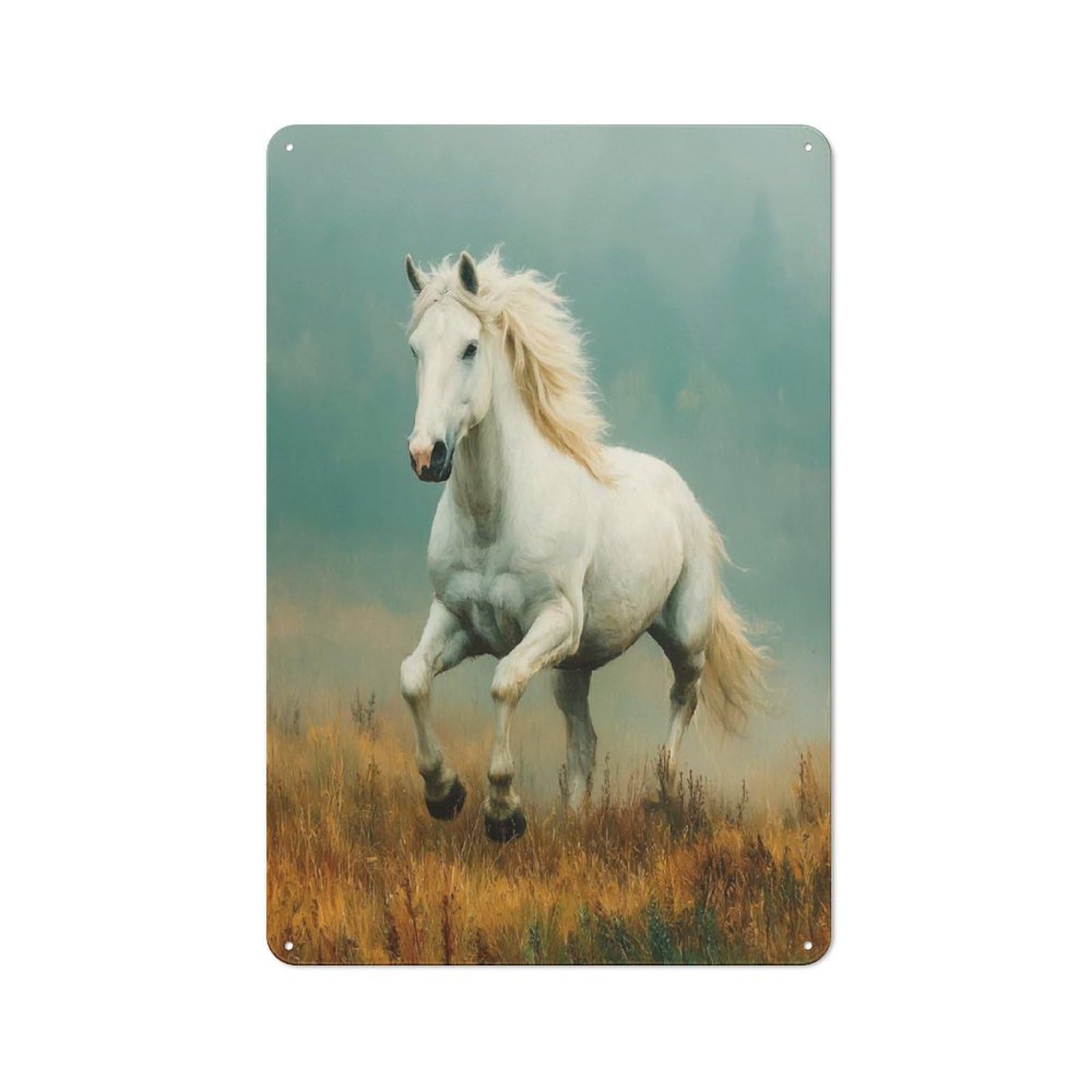 Junmoney Style-6 White Horse Galloping In Field Tin Sign 30X20cm For Workshop Wall, Vintage Wall Decor, For Metal Sign Collectors, For Garage And Workshop Walls
