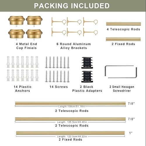 Miniatura 6 de Paquete de 2 barras de cortina, barras de cortina de 1 pulgada para ventanas de 72 a 144 pulgadas, barra de cortina colgante y soporte de pared con
