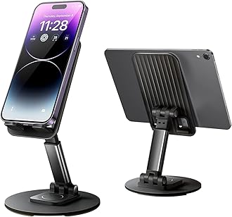 INFOSUN Cell Phone Stand Phone Holder for Desk, Rotatable Adjustable Height Mobile iPhone Stand, Table Portable Foldable Stand for Most Phones, iPhone 14 series, Samsung Galaxy, Tablet/iPad (Black)
