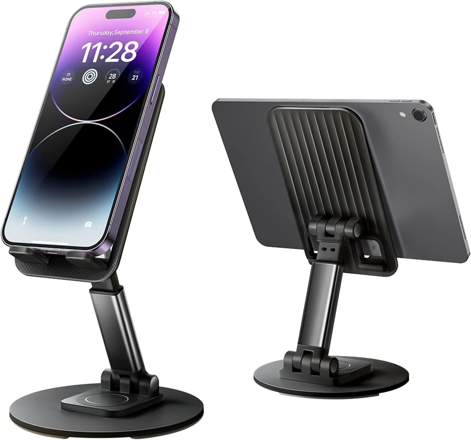 INFOSUN Cell Phone Stand Phone Holder for Desk, Rotatable Adjustable Height Mobile iPhone Stand, Table Portable Foldable Stand for Most Phones, iPhone 14 series, Samsung Galaxy, Tablet/iPad (Black)