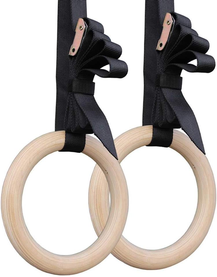 Gymnastics Rings，Pulling Rings for Physical Traini 1Pair Birch Wood Pull Up Ring for Home Fitness Strength Training 2.8/3.2cm*4.5m Adjustable Straps
