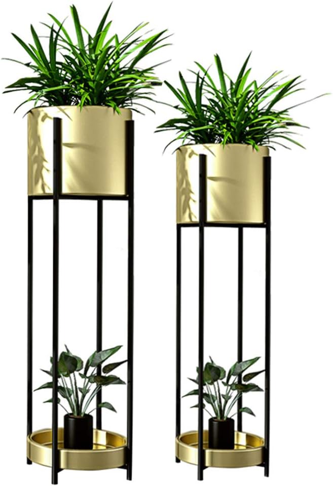 2-Tier Iron Flower Racks/Plant Stand for Living Room Balcony Indoor/Outdoor Metal Standing Rack Garden Bonsai Display Shelf - Gold(S)