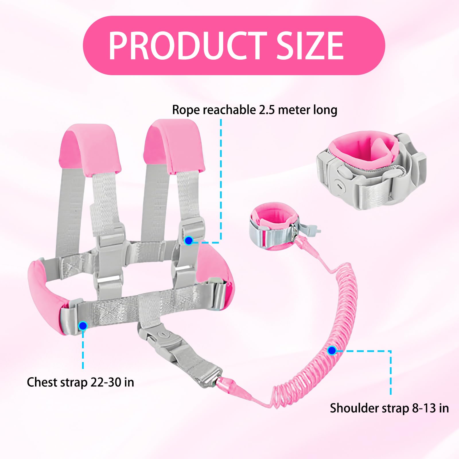 Imbracatura di Sicurezza Bambini 2 in 1 Bracciale Anti-perso Guinzaglio Rosa 2,5m