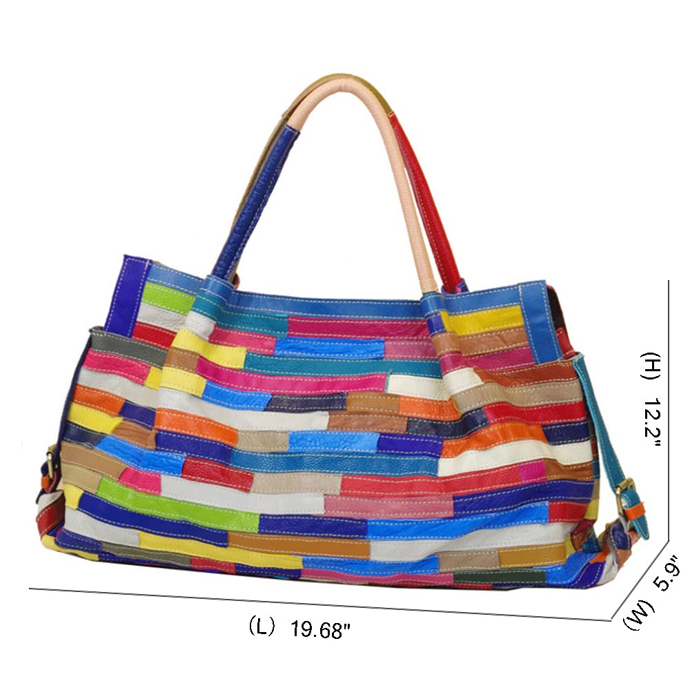 Womens Multicolor Boston Bag Genuine Leather Colorful Large Tote Handbag Purse