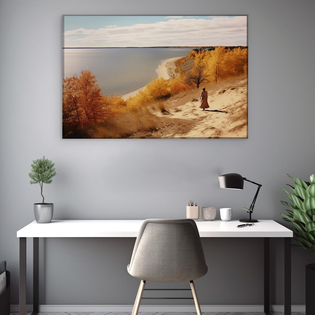 Canvas for Living room. Autumnal Serenity: A Dreamy Dune Walk by Tranquil Waters, 27 x 18 inch Canvas Wall Art - Contemporary Masterpieces - Inspirational Office Decor - 69x46 cm (27x18 inch)
