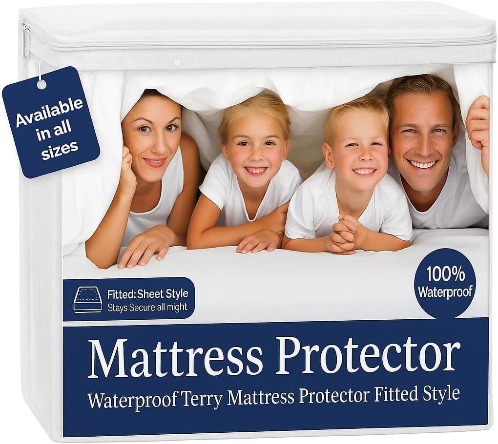 100% Waterproof Split Top King Mattress Protector, Premium Fitted Cotton Terry Cover for Adjustable Bed with Upper Flex 34" from Head