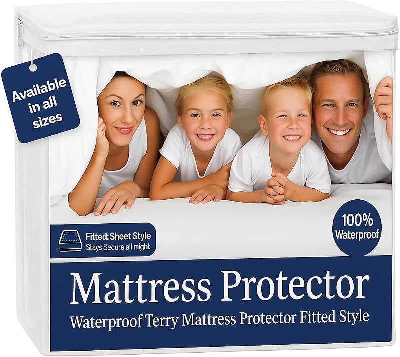 100% Waterproof California King Size Mattress Protector, Premium Fitted Cotton Terry Cover with Stretchable Deep Pockets, Machine Washable White Mattress Cover for Bed