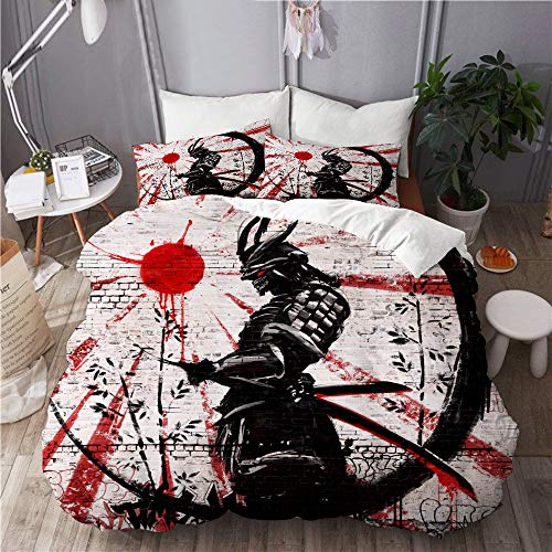 TESCCI Parure de lit Adulte,Housse de Couette,Graffiti sur Guerrier Japonais Mur de Briques,1 Housse de Couette 140 x 200 CM + 2 Taies d'Oreillers 50 x 75 CM