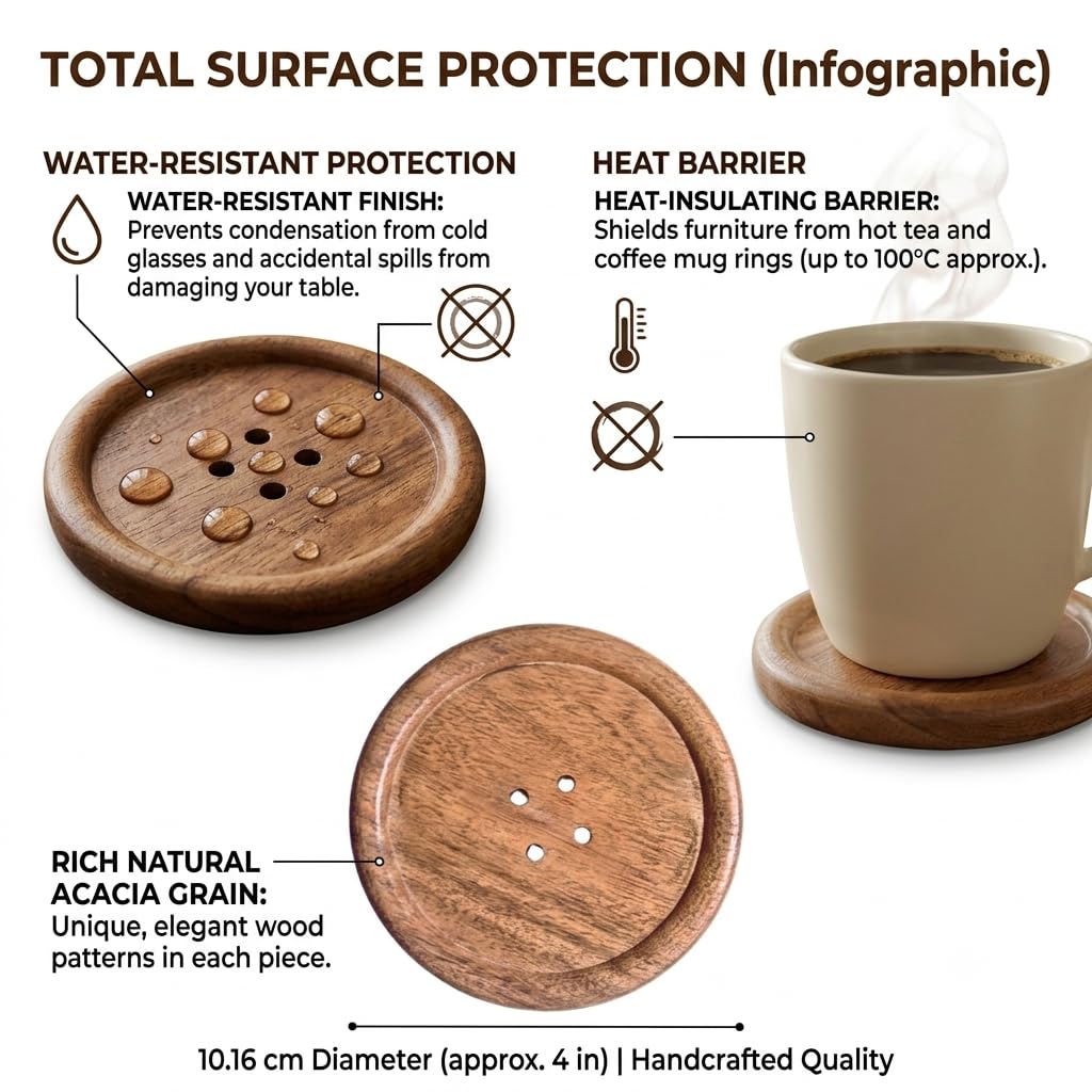 Moxly Wooden Coaster Set | Handcrafted Round Acacia Wood Coasters for Tea Cups Coffee Mugs and Dining Table Decor | Table Top Decor for Home and Office | Gifting Items | Set of 4 1