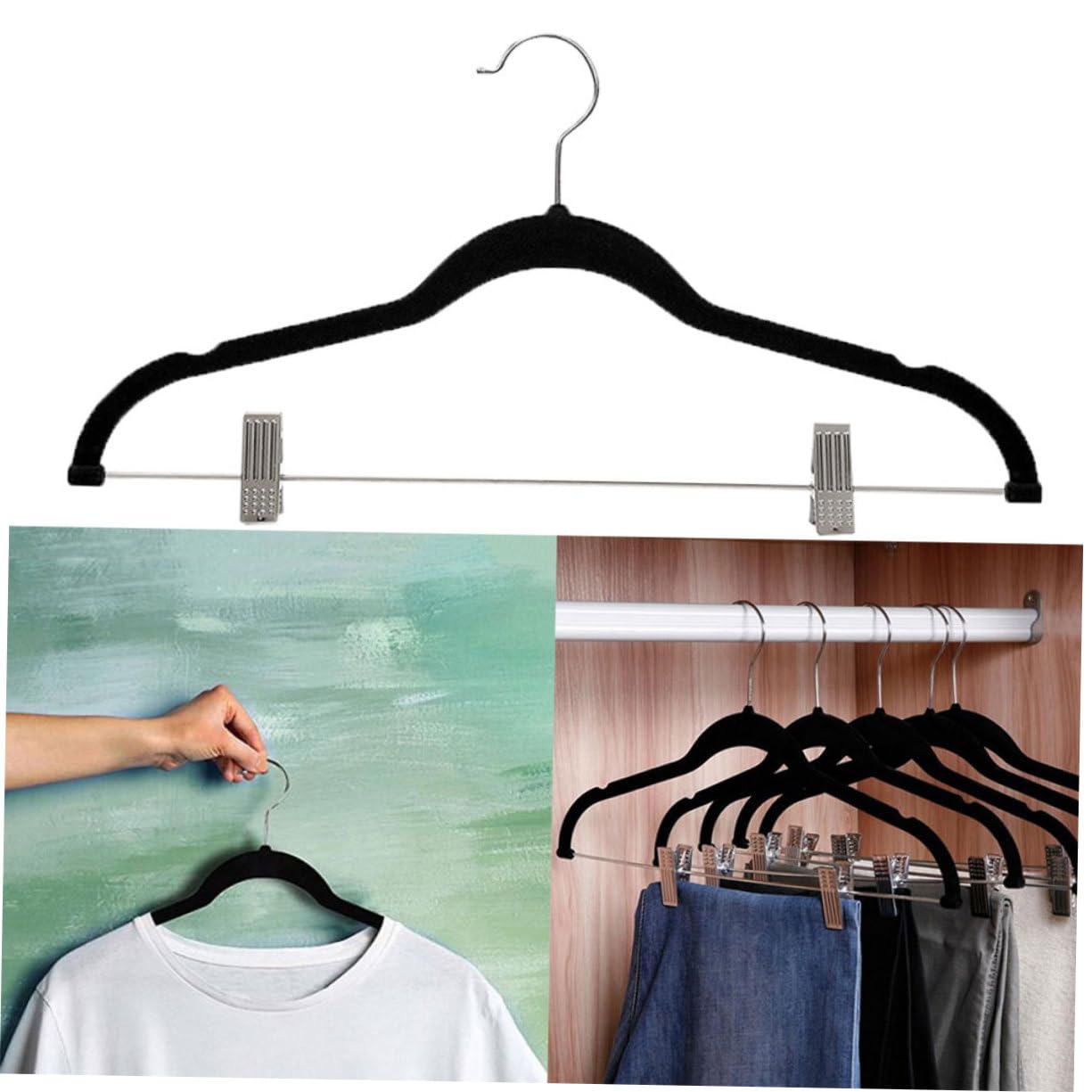 Kleiderbügel mit Clips 8 Stück, Schwarz, aus Abs und Samt