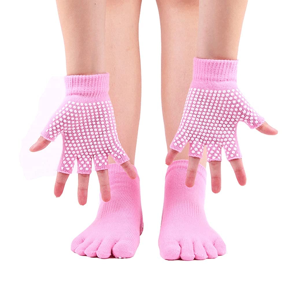 Unisex-Handschuhe Für Erwachsene Frauen Anti-Skid Yoga-Socken Set Rutschfeste Yoga-Handschuhe Anti-Rutsch-Silikon-Punkte Five-Finger-Zeh-Massage-Sport-Knöchel-Socken Pilates/Rosa/Größe 34-39