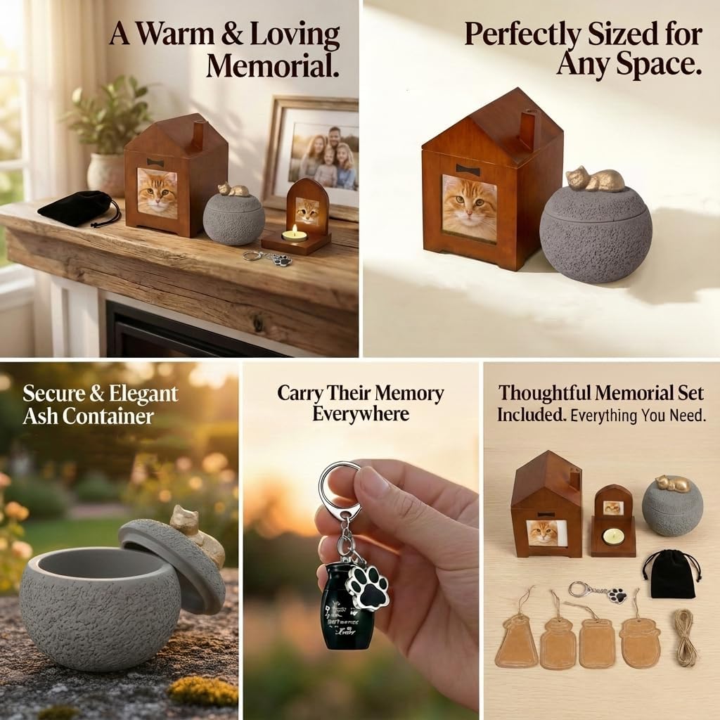Pet Memorial Urn Set for Dogs & Cats –House-Shaped Cremation Keepsake with Candle Holder & Photo Frame for Pet Ashes