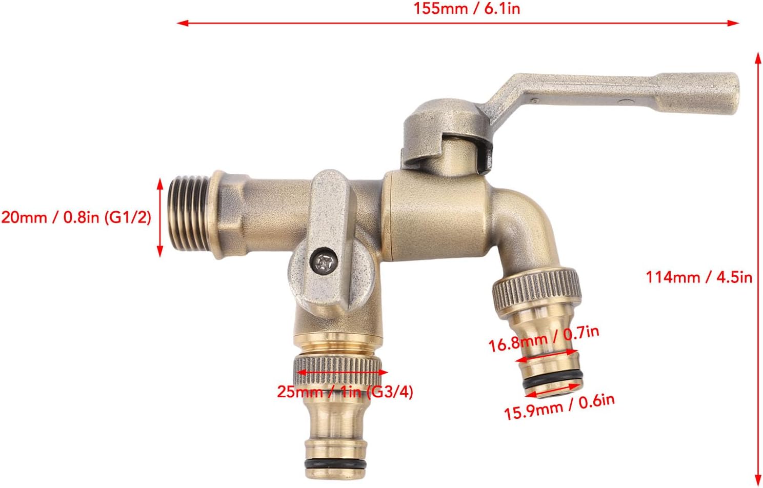 Asixxsix Outside Water Faucet, Double 1/2 Inch Taps, 1/2in Inlet, Brass Ball Valves Water Tap Splitter, Brass Faucet Kit with 2 Outlets for Home, Balcony, Hose Connector