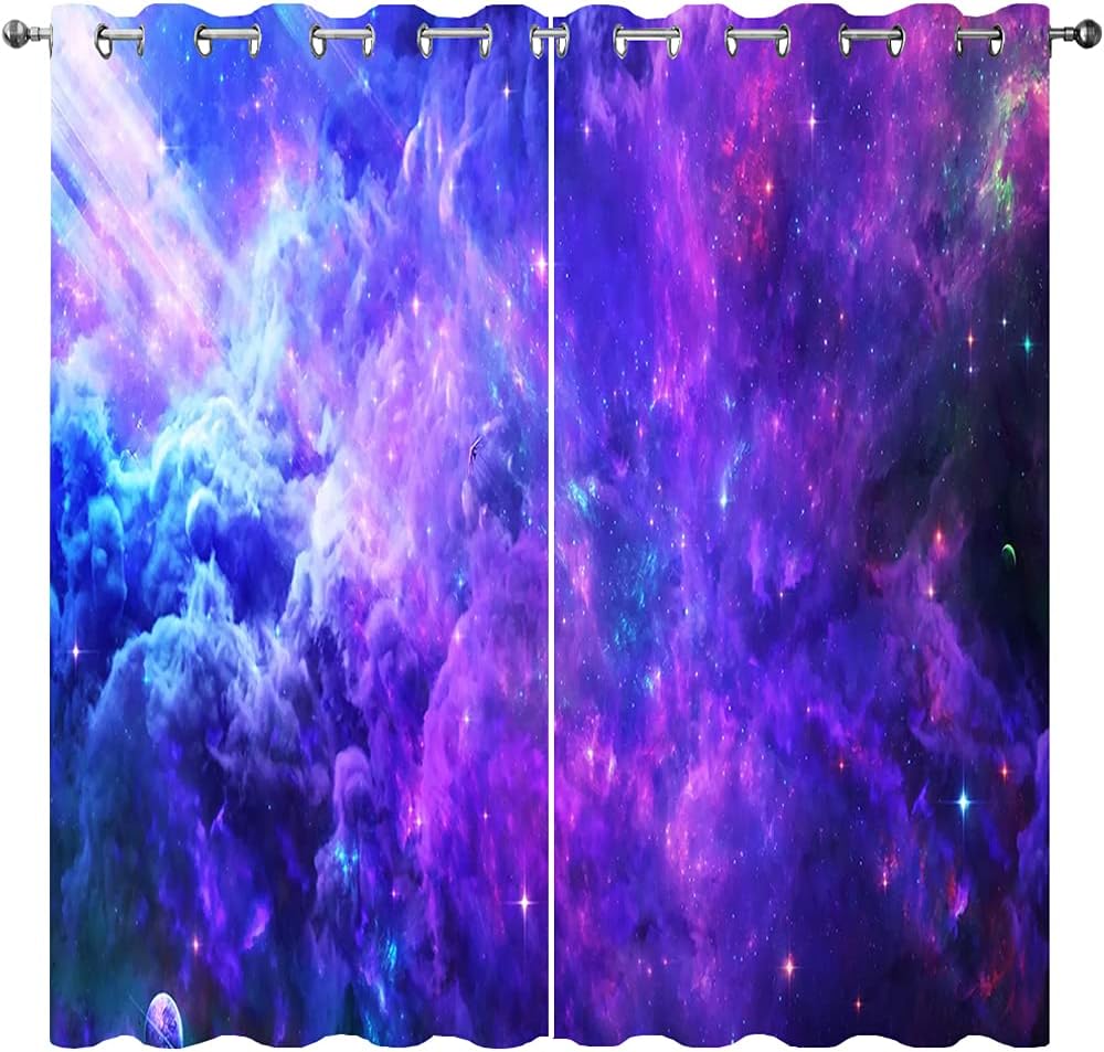 Space Galaxy Curtains - Outer Universe Nebula Starry Sky Stars Print Pattern Eyelet Blackout Colorful 3D Window Curtains fit for Kids Boys Girls Bedroom Playroom, Set of 2 Panels (W 55" x L 72")