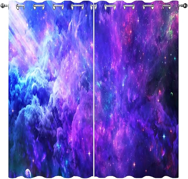 Space Galaxy Curtains - Outer Universe Nebula Starry Sky Stars Print Pattern Eyelet Blackout Colorful 3D Window Curtains fit for Kids Boys Girls Bedroom Playroom, Set of 2 Panels (W 29.5" x L 65")