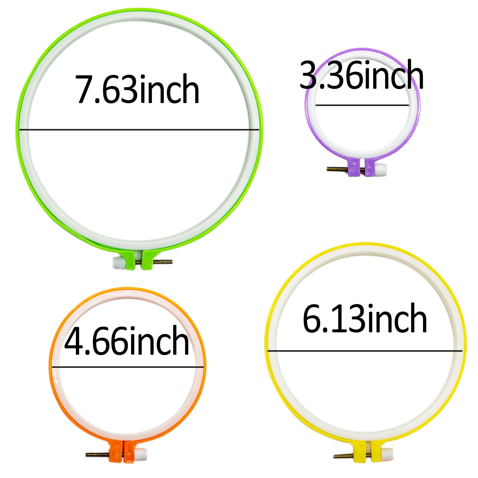 Set di 4 misure, telaio da ricamo in plastica, colorato, rotondo, in plastica, cerchio, punto croce, con 16 aghi da cucito con 1 guida per fili, 1 rimozione filo