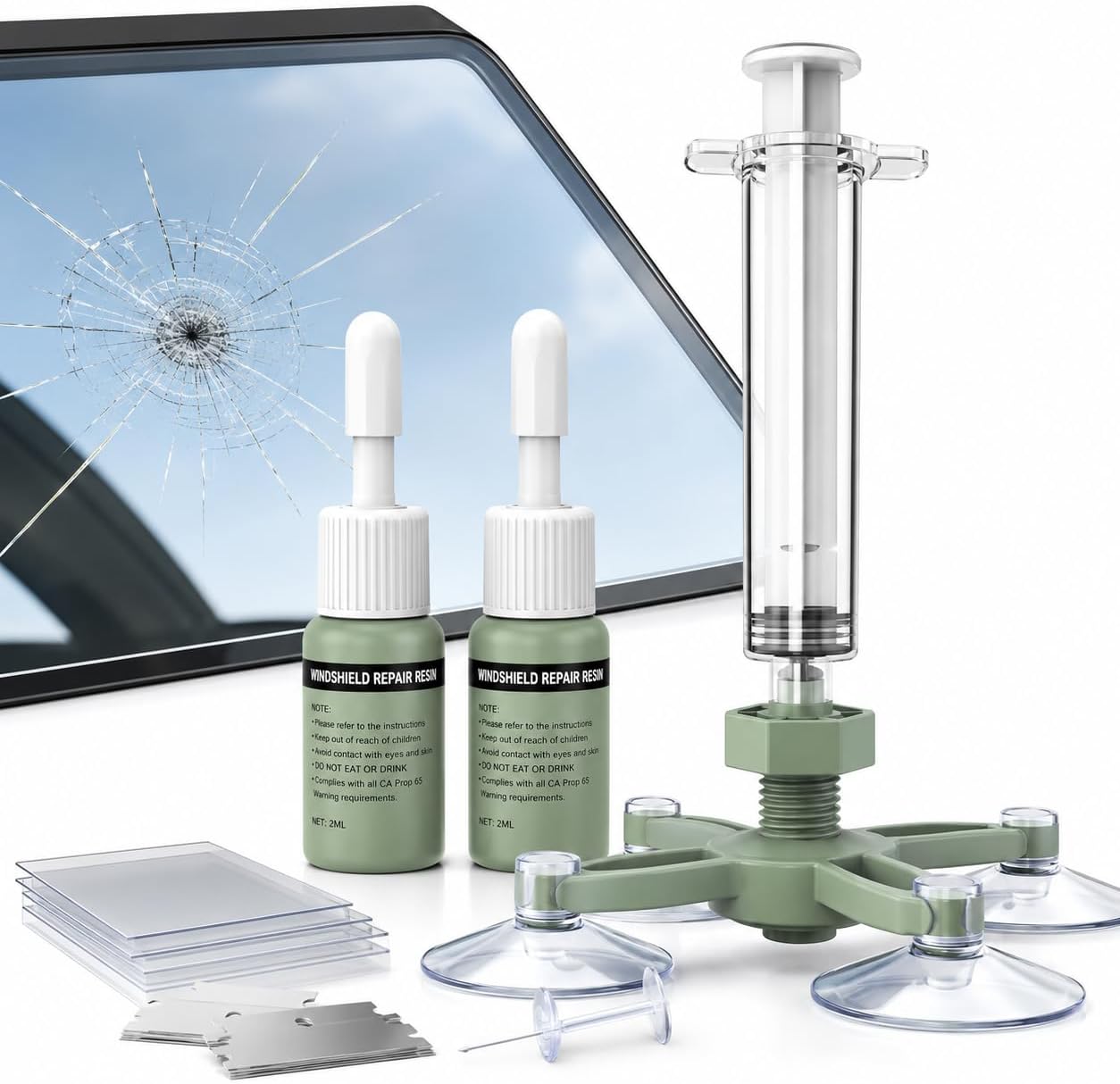 Windshield Repair Kit - Windshield Chip Repair for Cracks & Bullseyes | Nano Resin Glass Repair Kit - Car Windshield Damage & Star Breaks - Sage