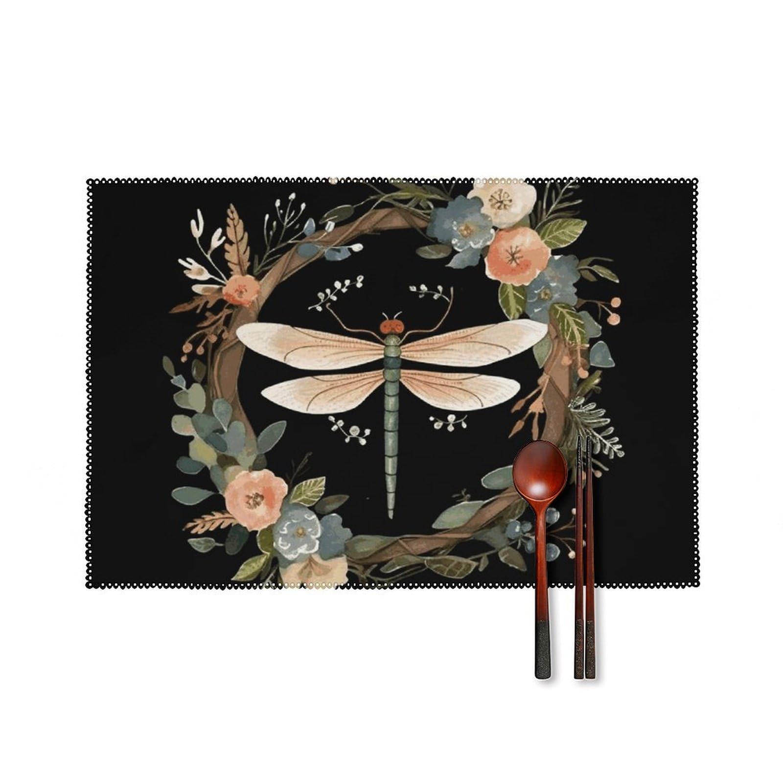 Image of Dragonfly in Wreath Placemats Washable Not Fade Placemats Practical Heat Resistant Place Mats for Outdoor Patio Table Mats Kitchen Dining Party Decoration