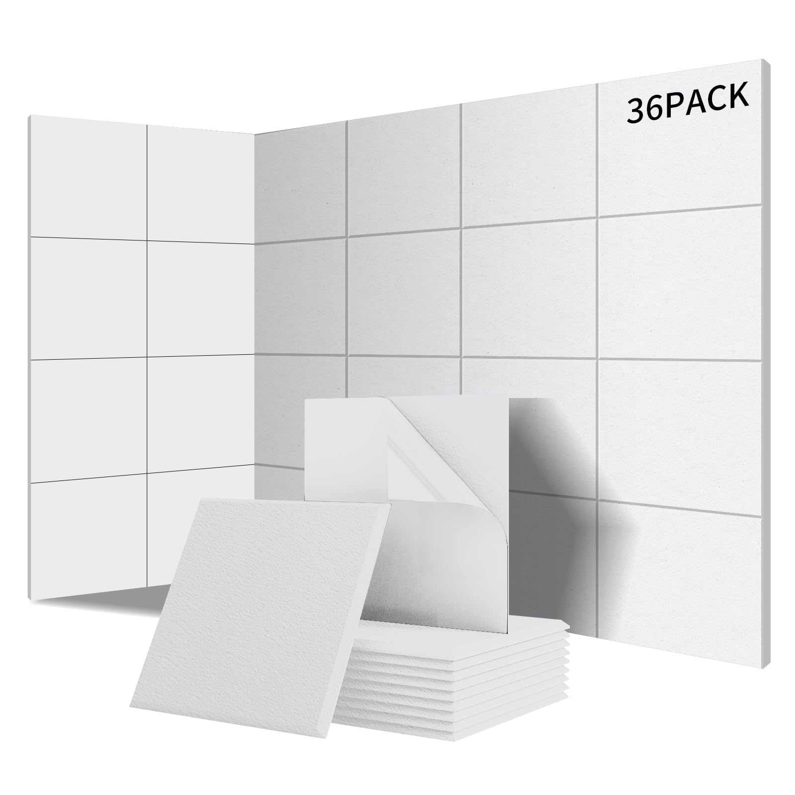 36 pieza Paneles Acústicos Cuadrados autoadhesivos | Aislamiento acústico eficaz alta densidad (230kg/m³) NRC 0.95 cubre 3,24m² Perfectos para paredes y puertas,sala de juegos,Porcelana blanca
