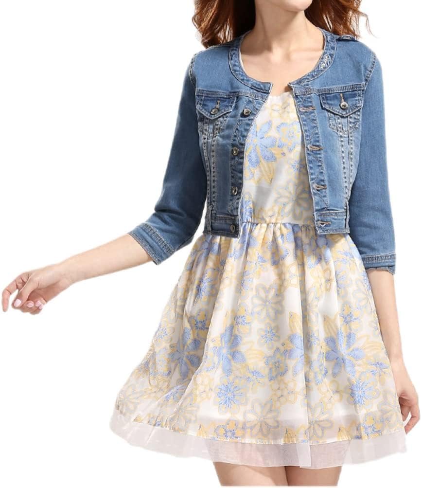 Fundu Women's Sweet Summer Cool Blue Denim Crew-neck 3/4 Sleeve Top Jacket