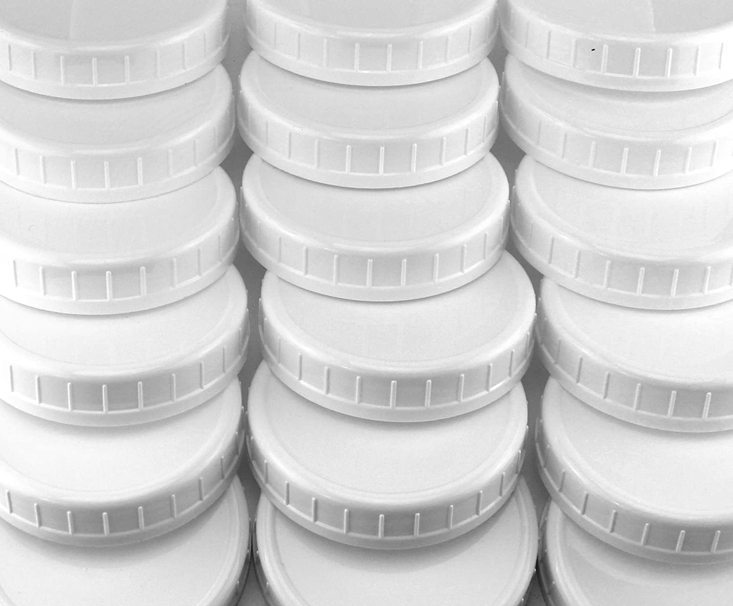 Cornucopia Two Dozen Wide Mouth Plastic Mason Jar Lids (24-Pack Bundle); 2 Dozen Unlined White Ribbed Lids, 86-450 Size