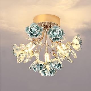 Lámpara techo cristal con diseño floral porcelana moderna, regulable, con 3 colores cambiantes, base G9, ideal for dormitorio niñas, guardería y sala estar, color azul.
