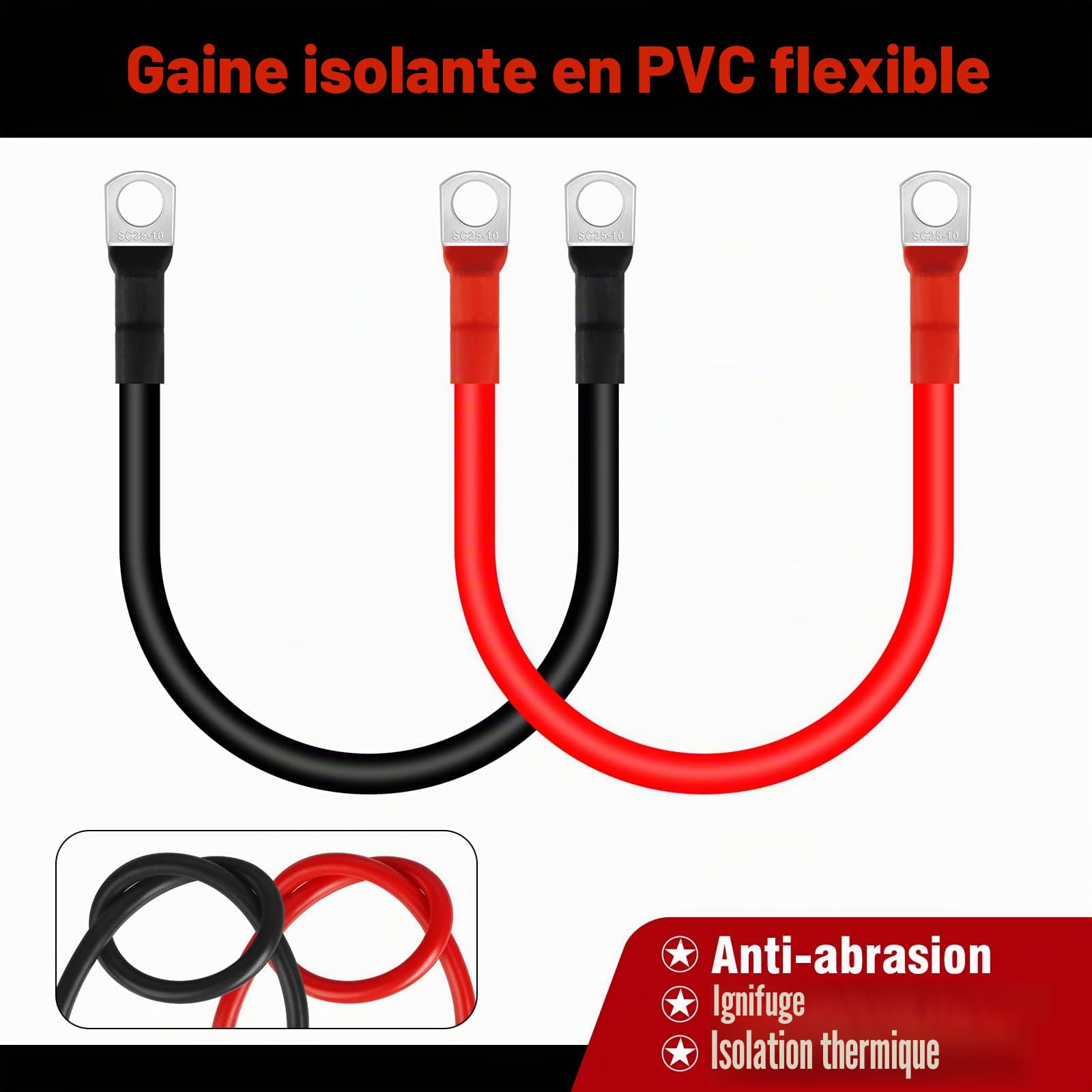 Lot de 2 câbles onduleurs de batterie 3 AWG/25 mm² 100 cm 12 V rouge et noir avec bornes à anneau M10 pour camion, moto, solaire, camping-car, marine