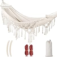 MOSFiATA Bohemian Tassel Hammock 500lbs Canvas Backyard Swing with Thick Ropes & Carry Bag for Patio Garden (White)