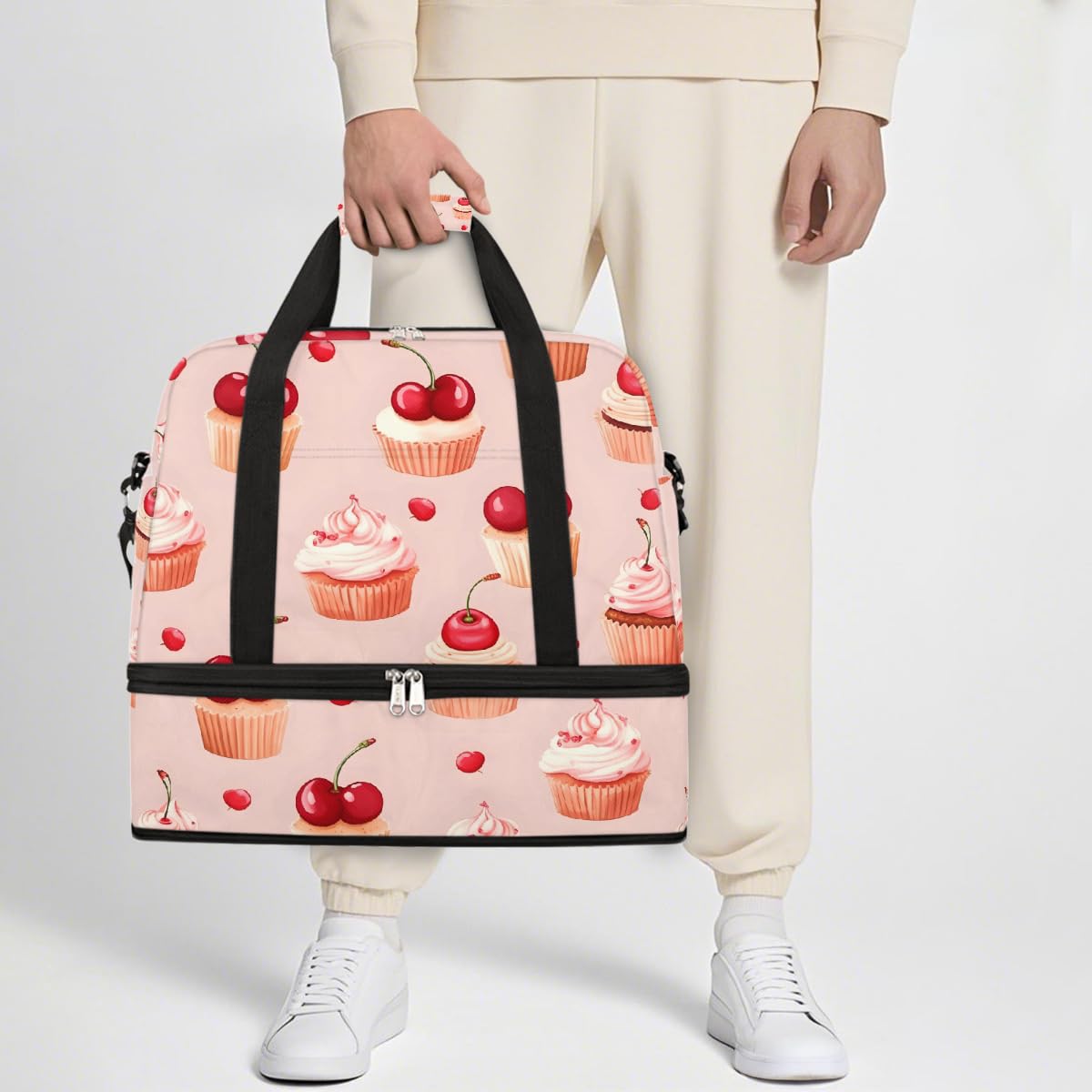 Borsone da viaggio pieghevole con motivo torta di ciliegie, borsa da palestra espandibile con scomparto per scarpe, borsa da weekend di grande capacità, borsa da viaggio per sport, viaggi notturni