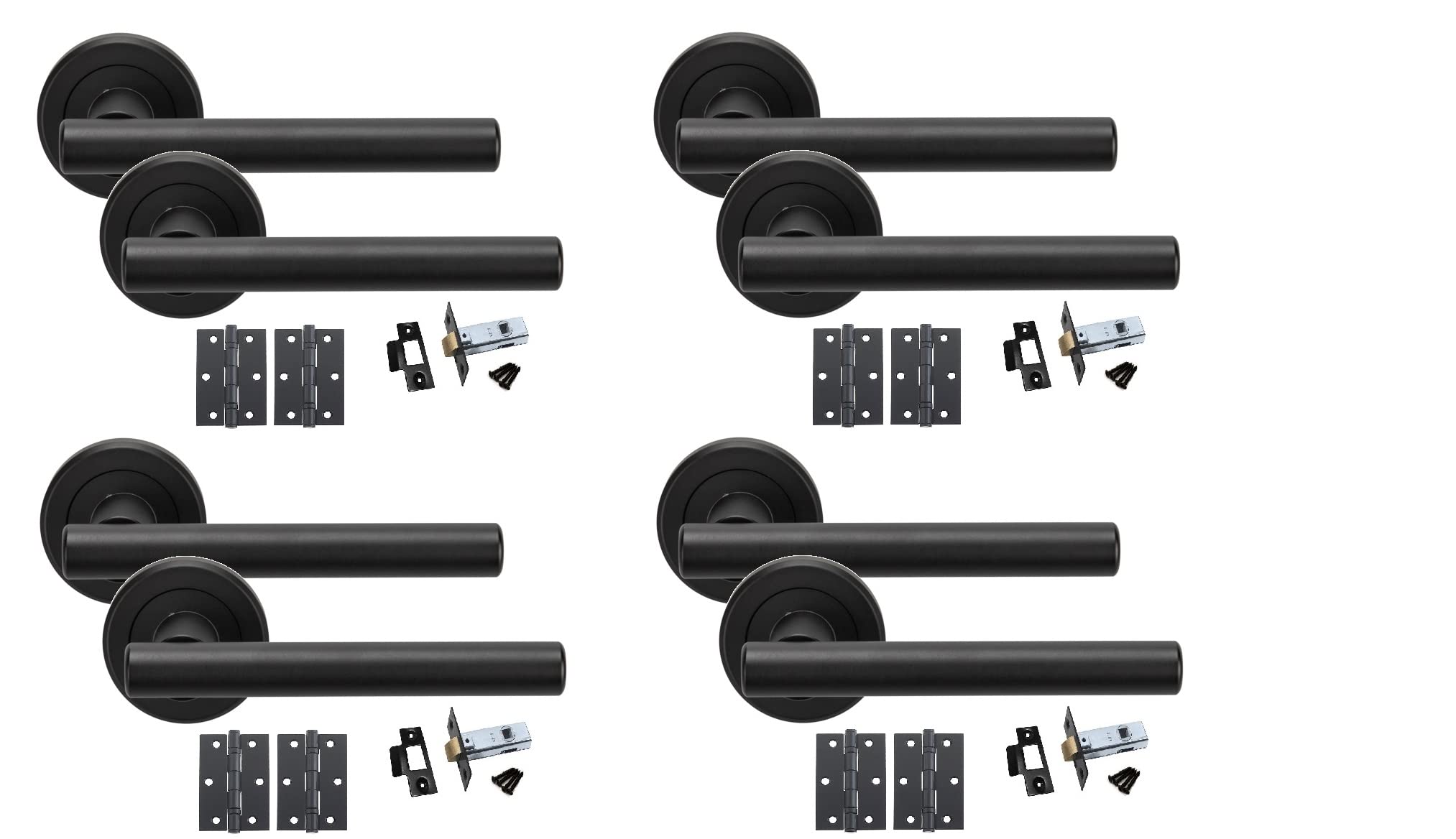Golden Grace Straight T-Bar Design Door Handles on Round Rose in Matt Black Finish with Ball Bearing Hinges & 64mm Tubular Latch - 4 Sets