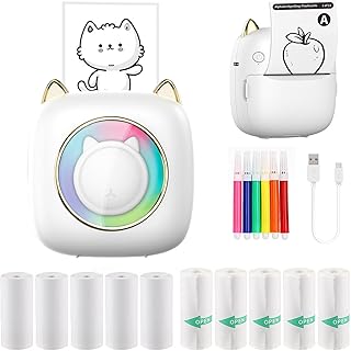 Mini Pocket Printer Inkless Sticker Paper,Wireless Bluetooth Thermal Pocket Printer with Printing Paper+Colored Pen,Portable Mini Colored Lights Printer Compatible with iOS+ Android for Photo Note