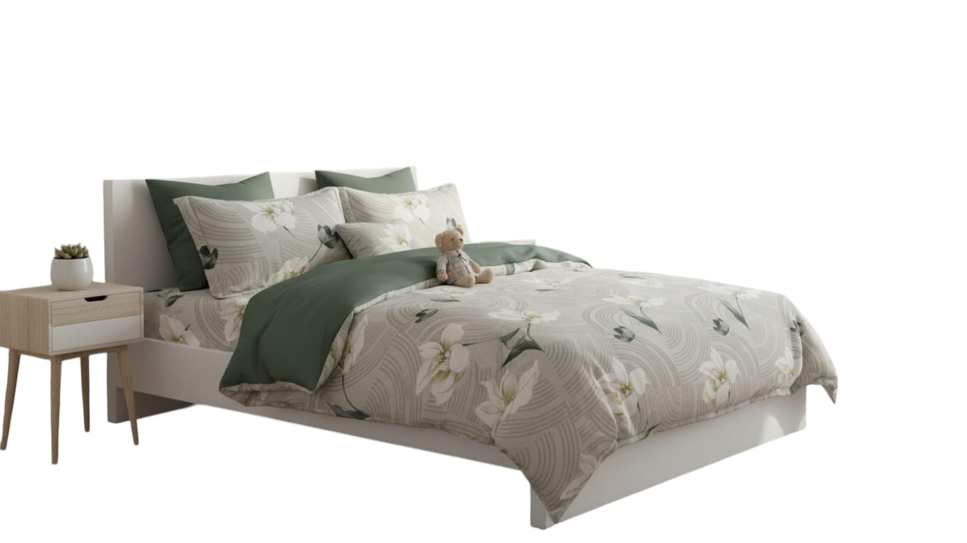 Floral Comforter Bedding Set, Beige and Green, with Pillow Covers | White Flower Print, Sage Green Accents, Geometric Texture, Bedroom Decor, Multi-Piece Set-image-17