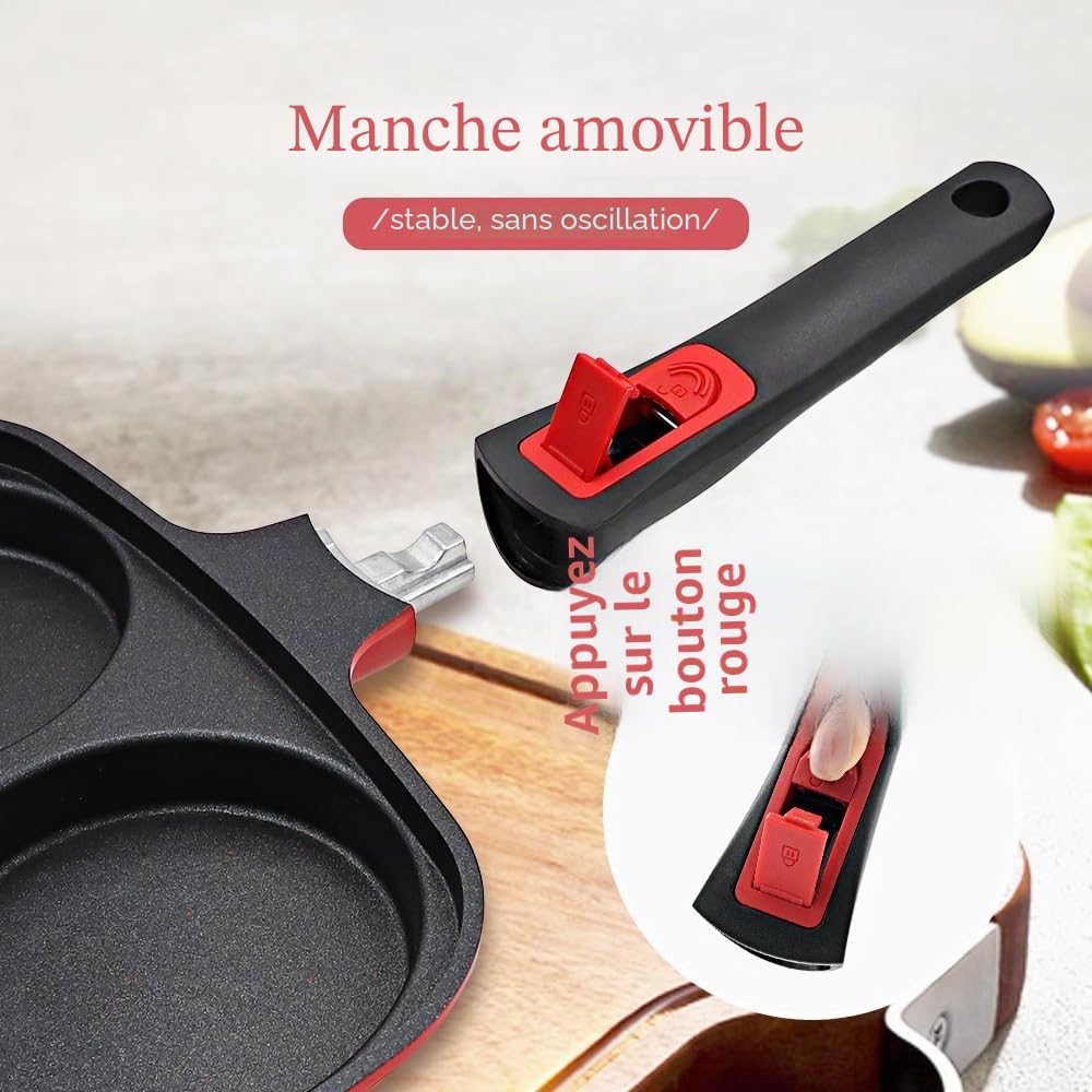 Poêle à Frire 3 Trous avec Couvercle 26 x 24 cm, Poêle à œufs au plat avec Poignée Amovible, Poêle Grill Antiadhésive 3 en 1 pour Petit-déjeuner
