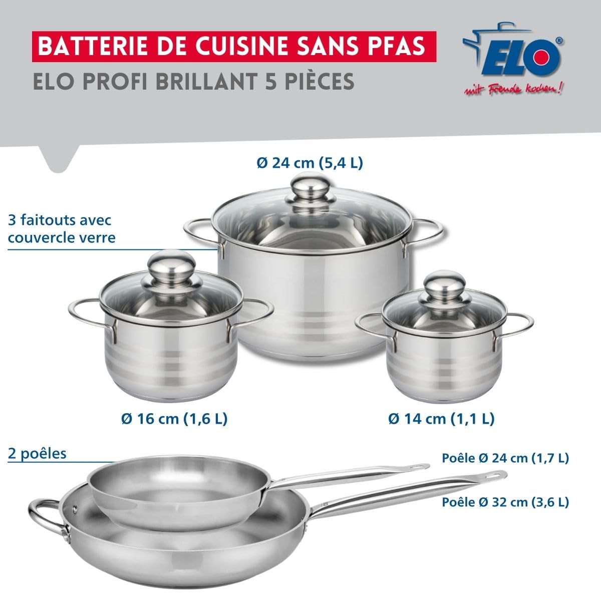 Elo Batterie cuisine 2 poêles 24/32 cm et 3 faitouts 14/16/24 cm