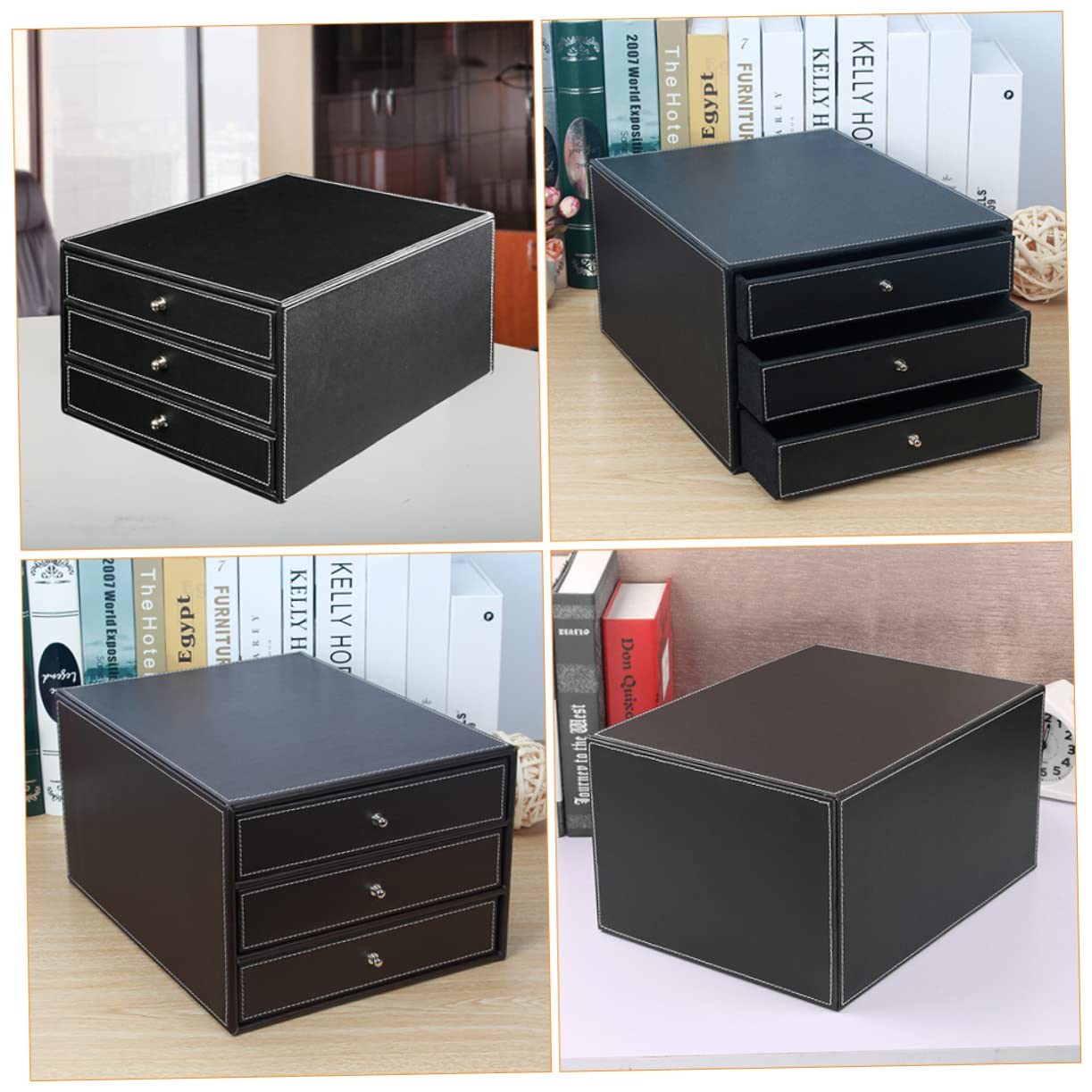 NUOBESTY Caja de Archivo de Escritorio de Cuero de Tres Capas A4 Negra | 1 Pieza, Madera y Pu, Cajón de Deslizamiento Suave, para Documentos y Objetos Sueltos en Casa o Salón