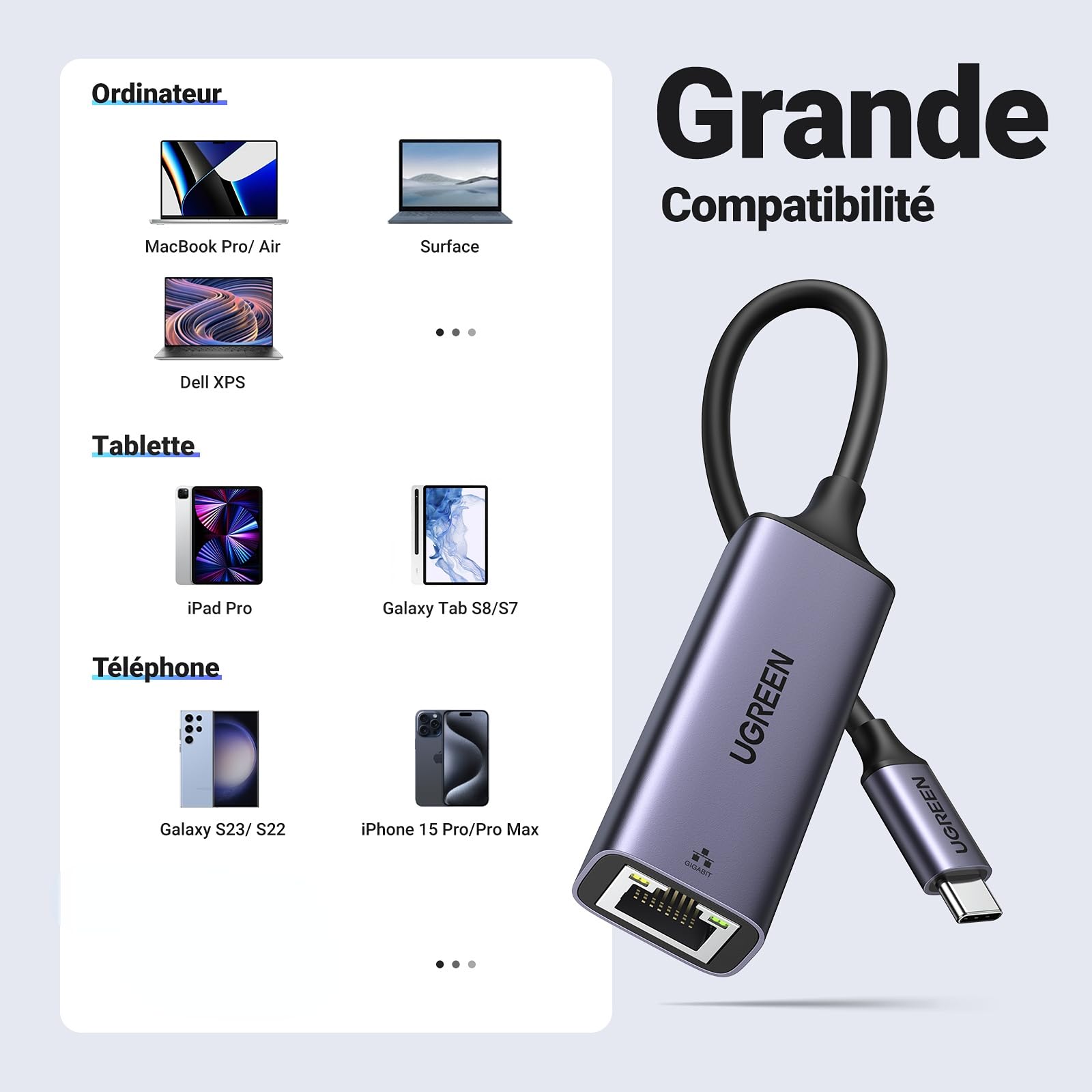 UGREEN Adaptateur USB C Ethernet Gigabit Thunderbolt vers RJ45 Réseau LAN 1Gbps Gris