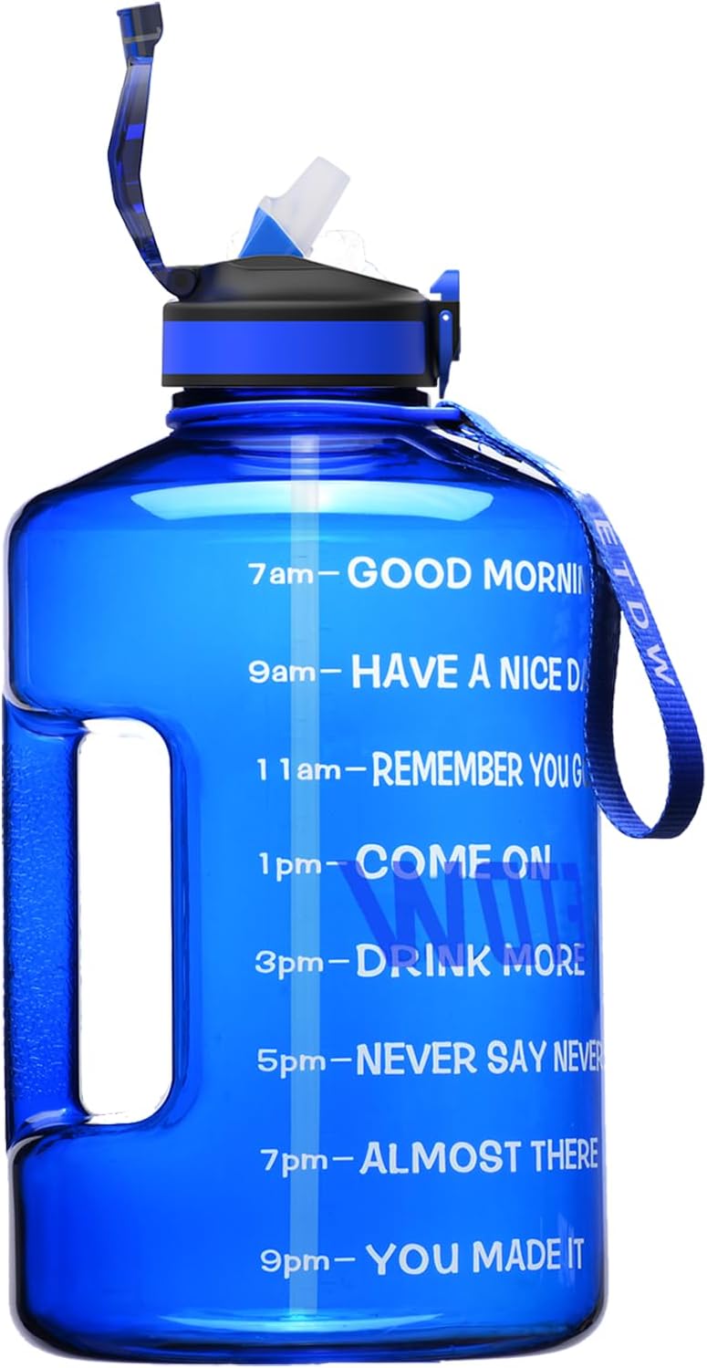 Bouteille d'eau de gallon avec paille et marqueur horaire, énorme bouteille de sport de 128 oz/74 oz avec poignée sans BPA, conteneur d'eau étanche pour le fitness, la gym, le yoga et les activités de plein air