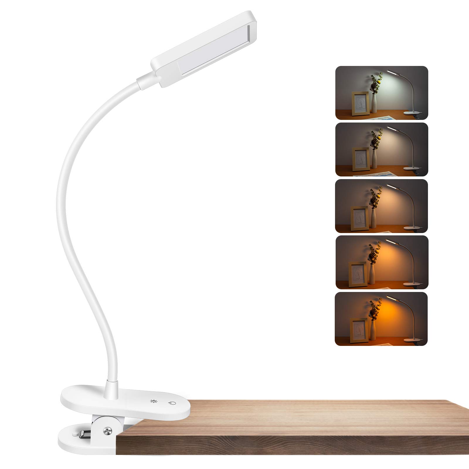 SingHong Clip on Reading Light, Amber Light for Bed Reading, Rechargeable, 5 Color Temperatures Adjustment, 3 Level Brightness Dimmer, Eye Care Lamp with Flexible Gooseneck (White)