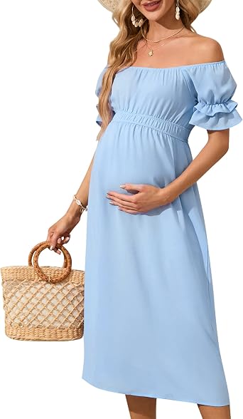 KOJOOIN Womens Womens Off Shoulder Short Sleeve Maternity Dress