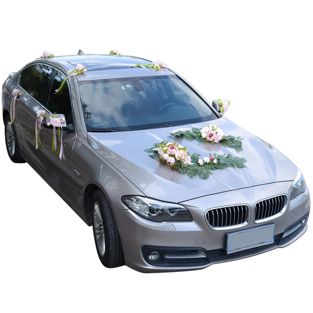 Hochzeitsauto Autodeko 1 Set,künstliche Blumen Dekorationen, Autoschmuck Braut Paar Rose Dekoration,Pfingstrosen-Blume Girlande,Auto Wedding Deko Girlande,Autogirlande für Hochzeit Party